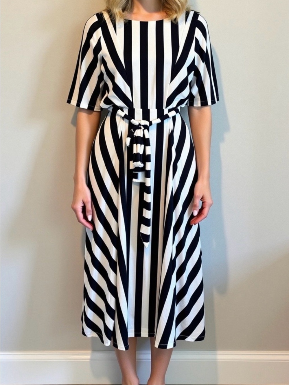 Boden Black and White Striped Midi Dress Tie Waist Size 6P